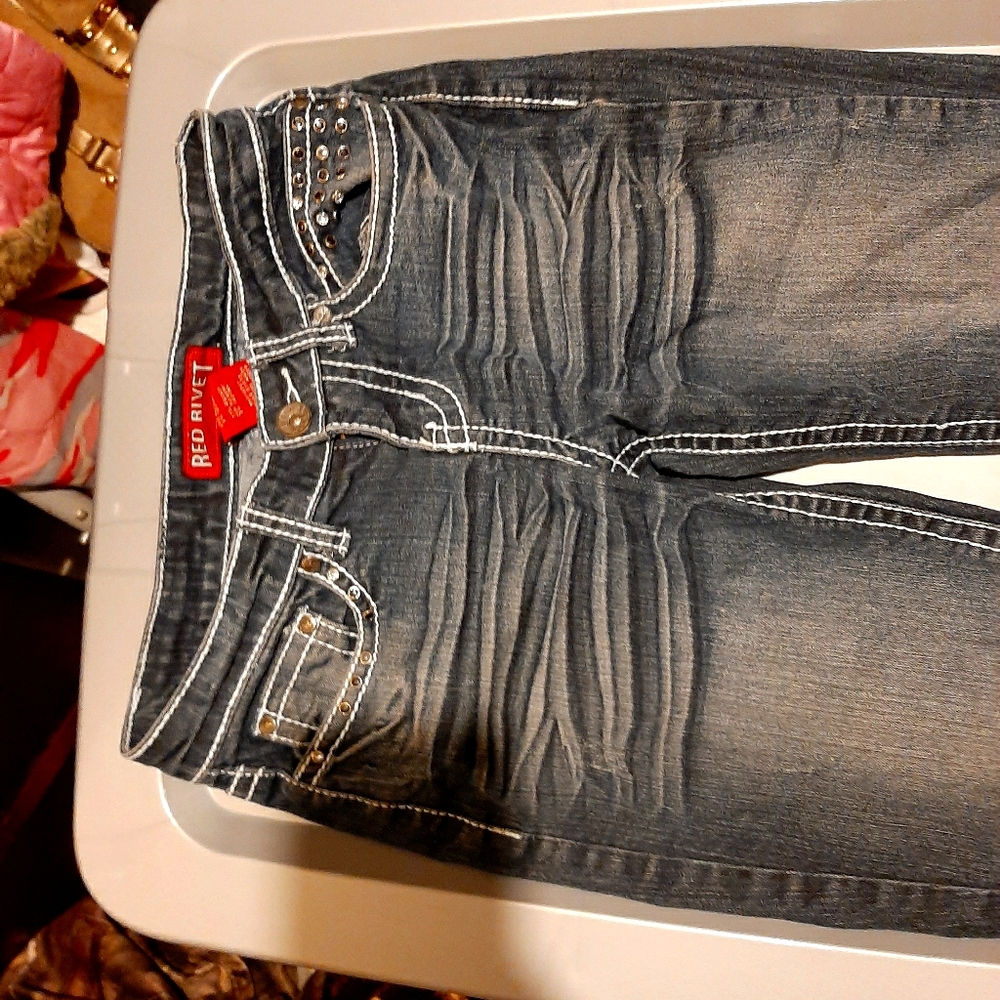 Women's red rivet jeans